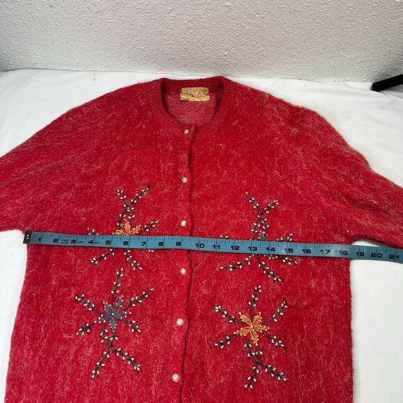 Vintage 1950s Angora Wool KGM Beaded Cardigan Sweater Pink 38 XS/Small - Picture 3 of 10